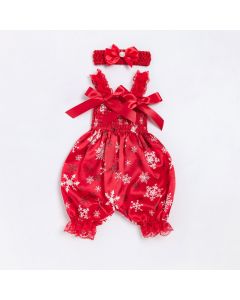 Red Floral Dungaree Dress For Girls