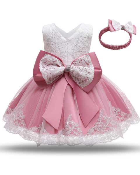 Pink White Bow Frocks For Girls